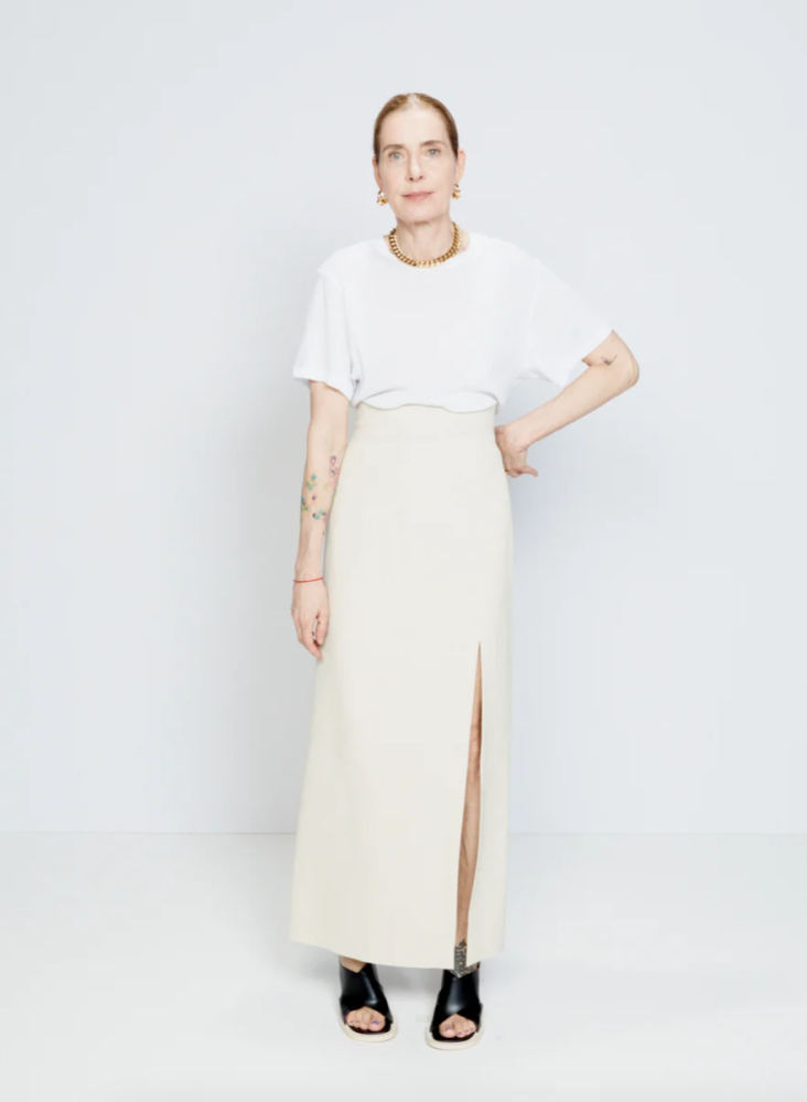 Matchesfashion cream maxi skirt and white t-shirt