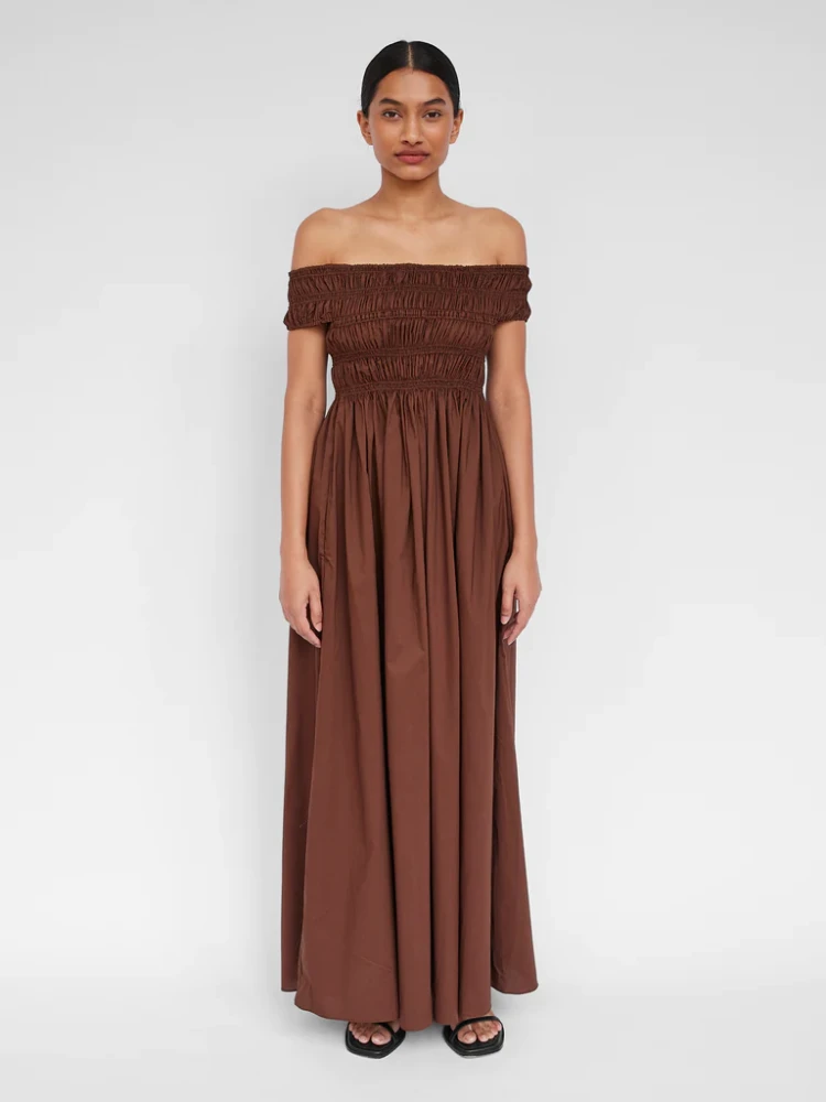 The Undone Matteau brown maxi strapless dress