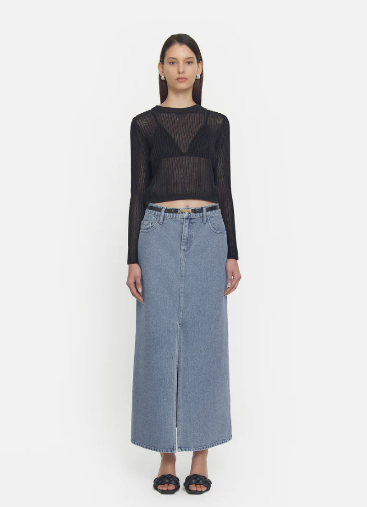 Victoria & Woods maxi denim skirt and black knit top