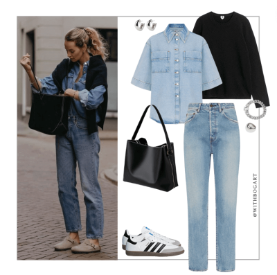 Woman wearing denim on denim outfit with sneakers
