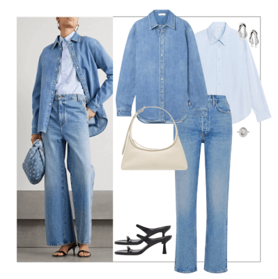 Woman wearing light denim on denim outfit with heels