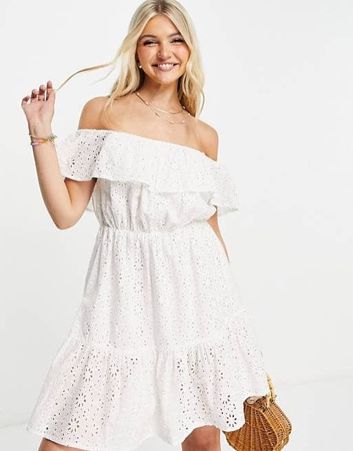 In The Style x Jac Jossa embroidered off shoulder smock dress in white