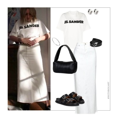 Woman wearing Jil Sander tshirt, white denim skirt, black Birkenstock 