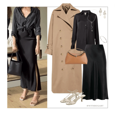 Women's work outfit slip skirt with shirt and trench coat