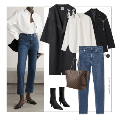 Women's work outfit Coat with blazer white shirt and jeans