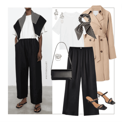 Women's work outfit Trench coat with tshirt and silk pants