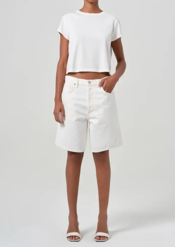 Agolde long white denim shorts