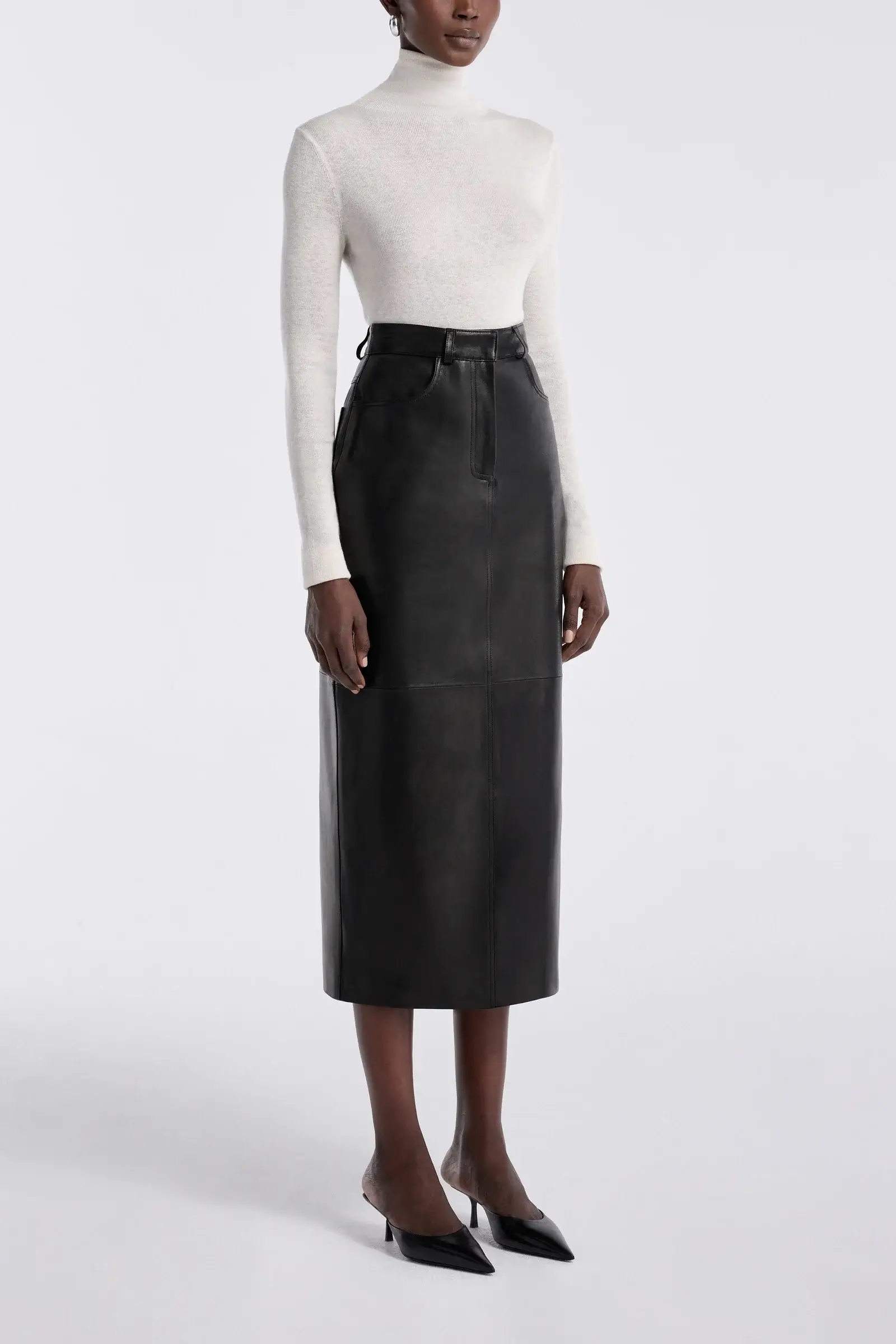 Nour Hammour black leather pencil skirt