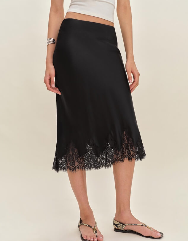 Reformation black silk lace midi skirt